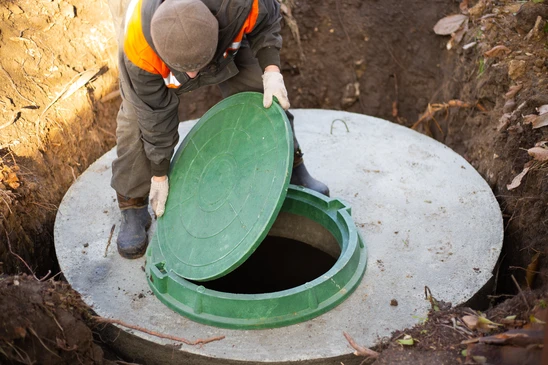 Ouvrier en tenue de sécurité orange manipulant le couvercle vert d'un regard d'assainissement en béton dans une excavation