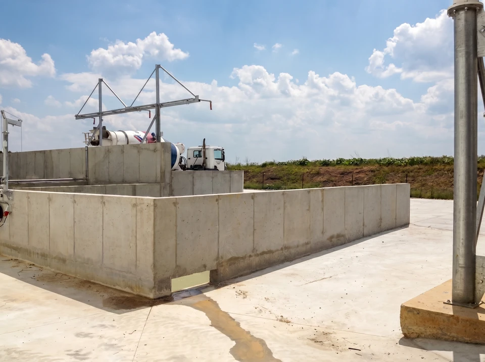 Chantier de construction en extérieur avec ouvrier en casque jaune et vêtements de travail bleus manipulant une benne à béton sur treillis métallique d'armature